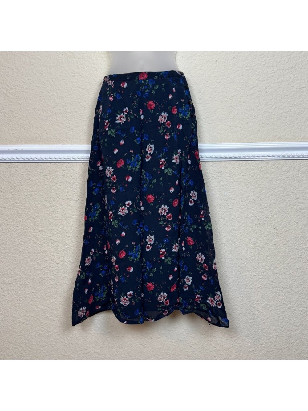 Vintage Y2K Midi Skirt SZ 6 Floral Dark Romantic Grunge Navy Stretch